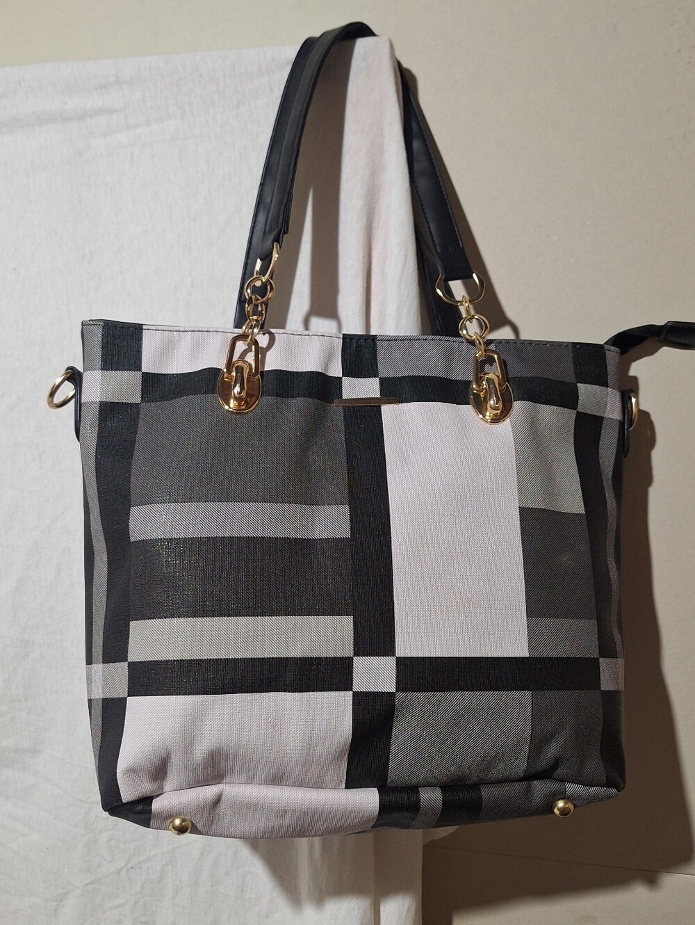 Stylish Black & Gray Plaid Tote Bag with Gold Hardware